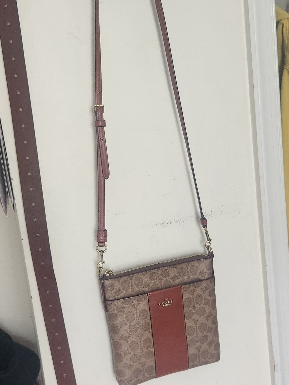 Coach Brown Signature Crossbody with Tan Leather Stripe